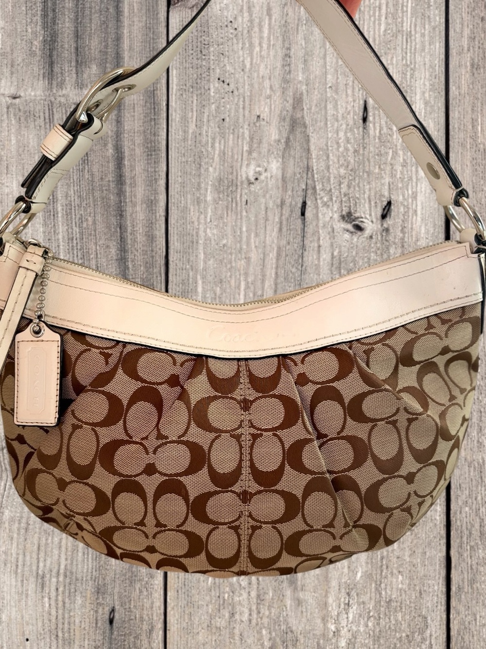 2010 Coach Soho Signature Pleated Hobo Shoulder Bag F13741 Cream Brown